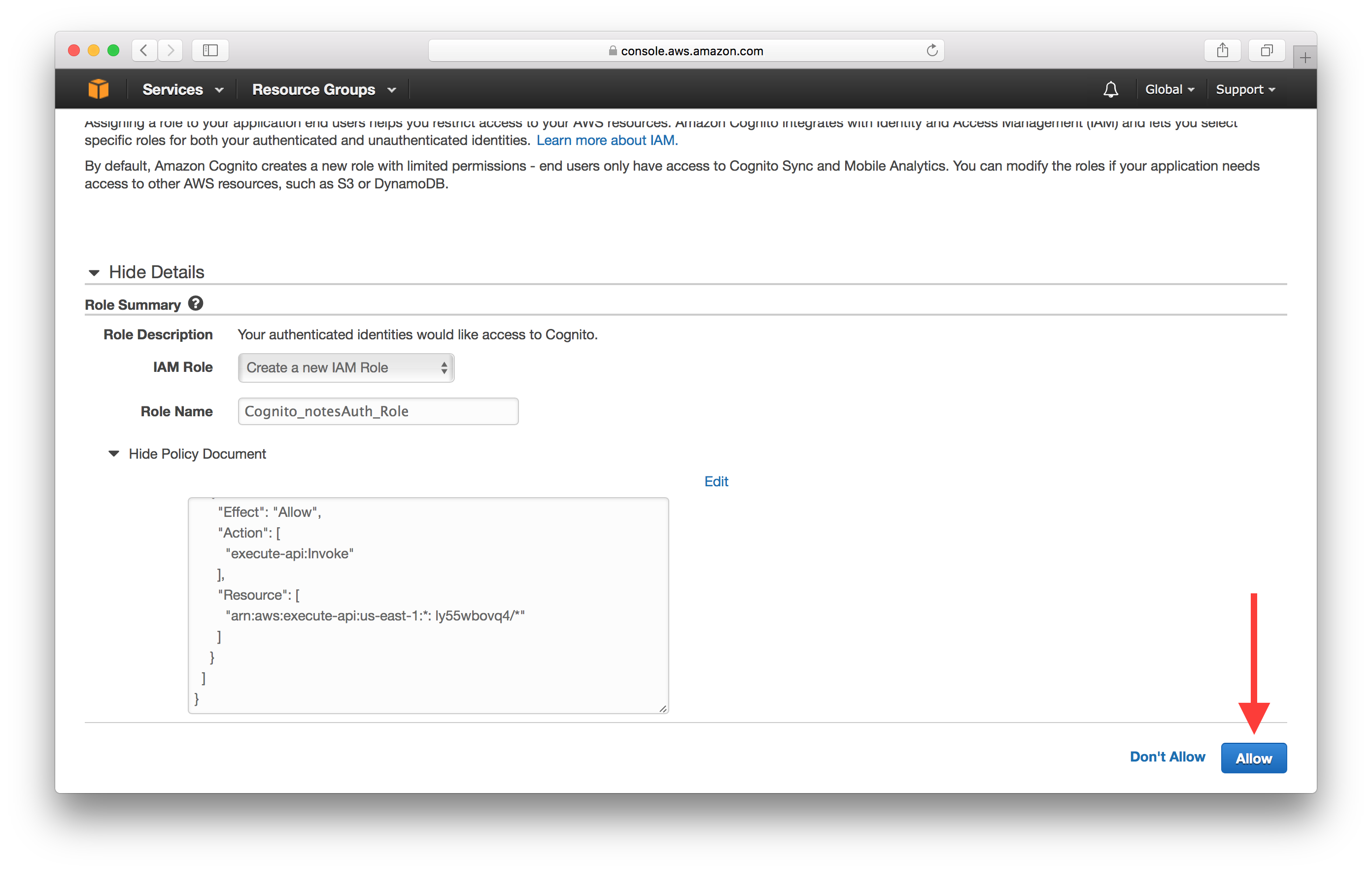 Submit Cognito Identity Pool Policy Screenshot