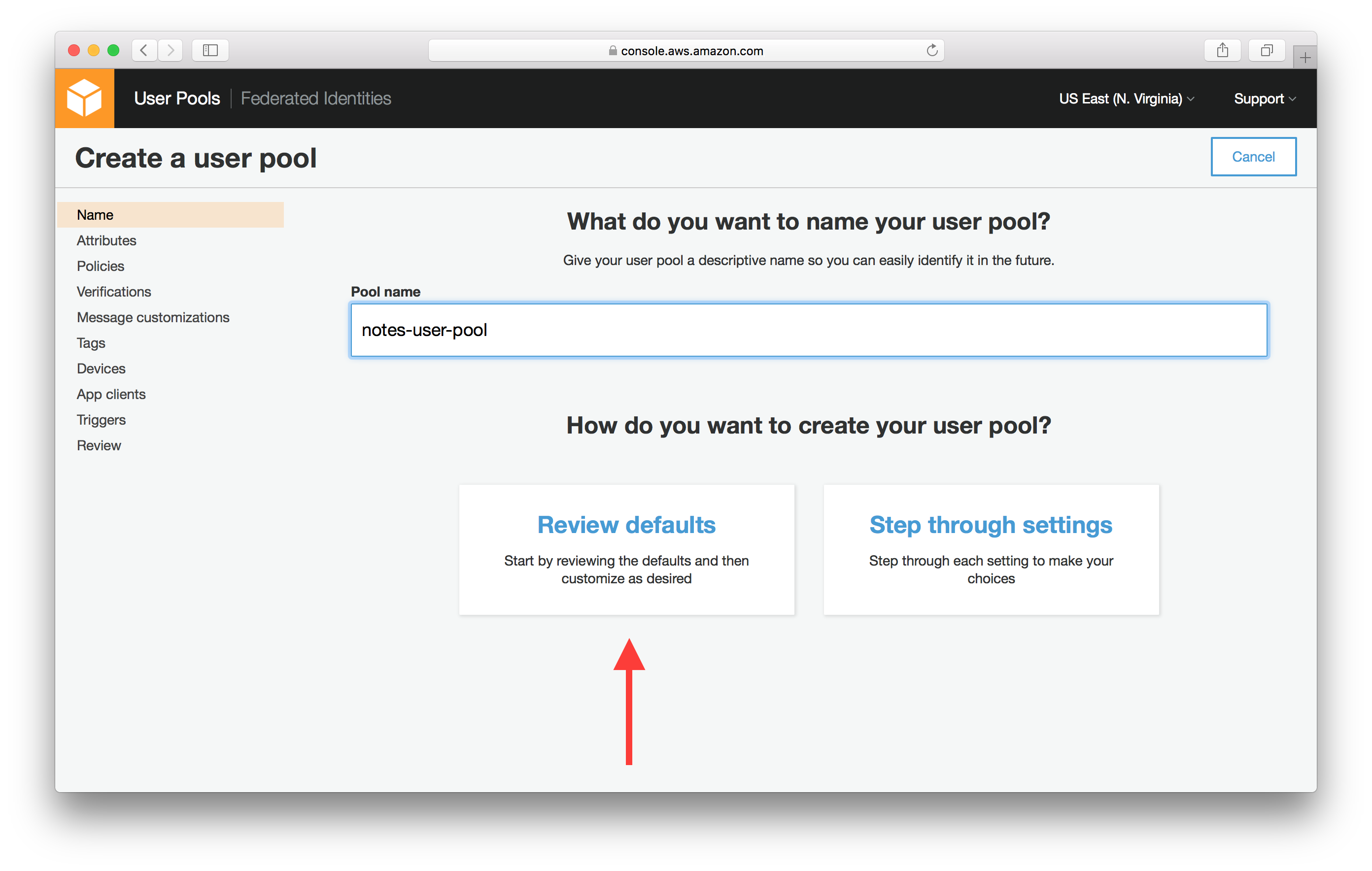 Fill in Cognito User Pool info screenshot