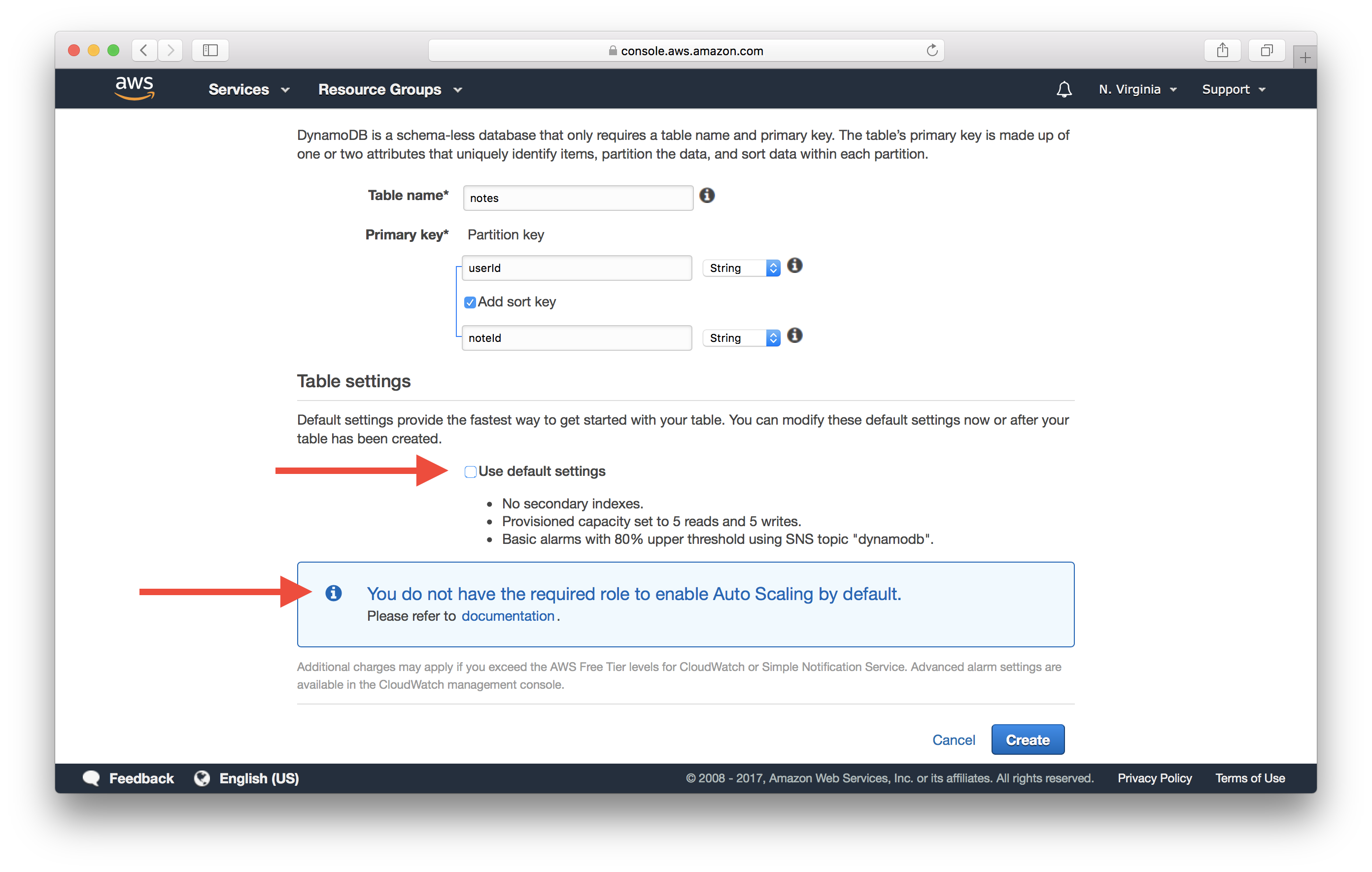 Auto Scaling IAM Role Warning screenshot