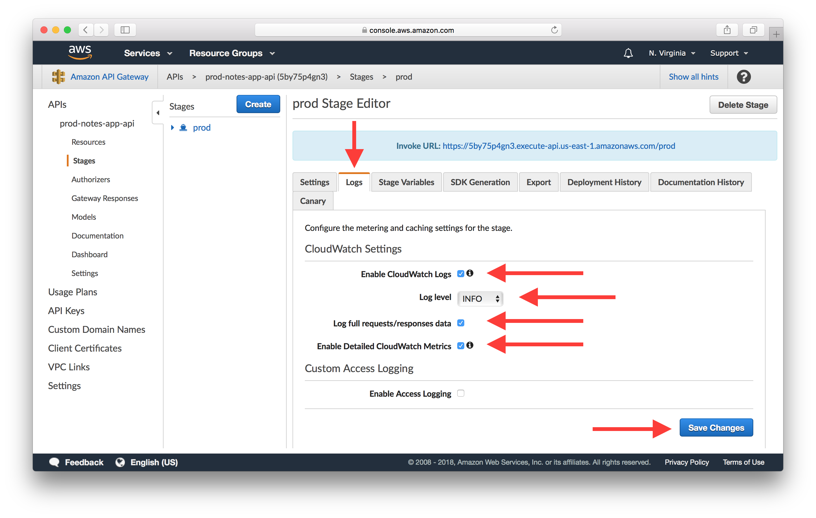 Fill in API Gateway Logging Info Screenshot